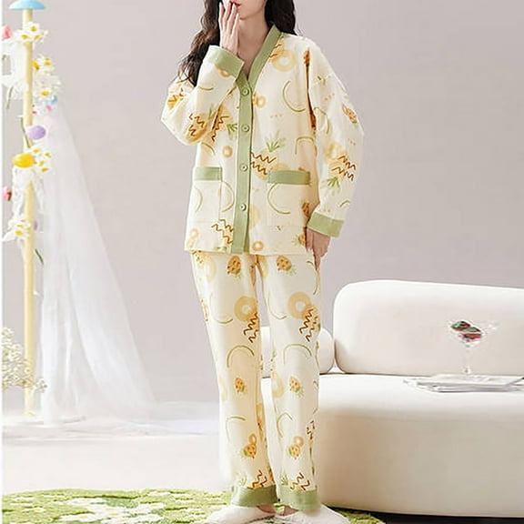 Weiqiqre Cute Pajama Sets for Women 2 Piece Pajama Set Matching Pjs Sets Cute Printed Sleepwear Button Up Shirt Set