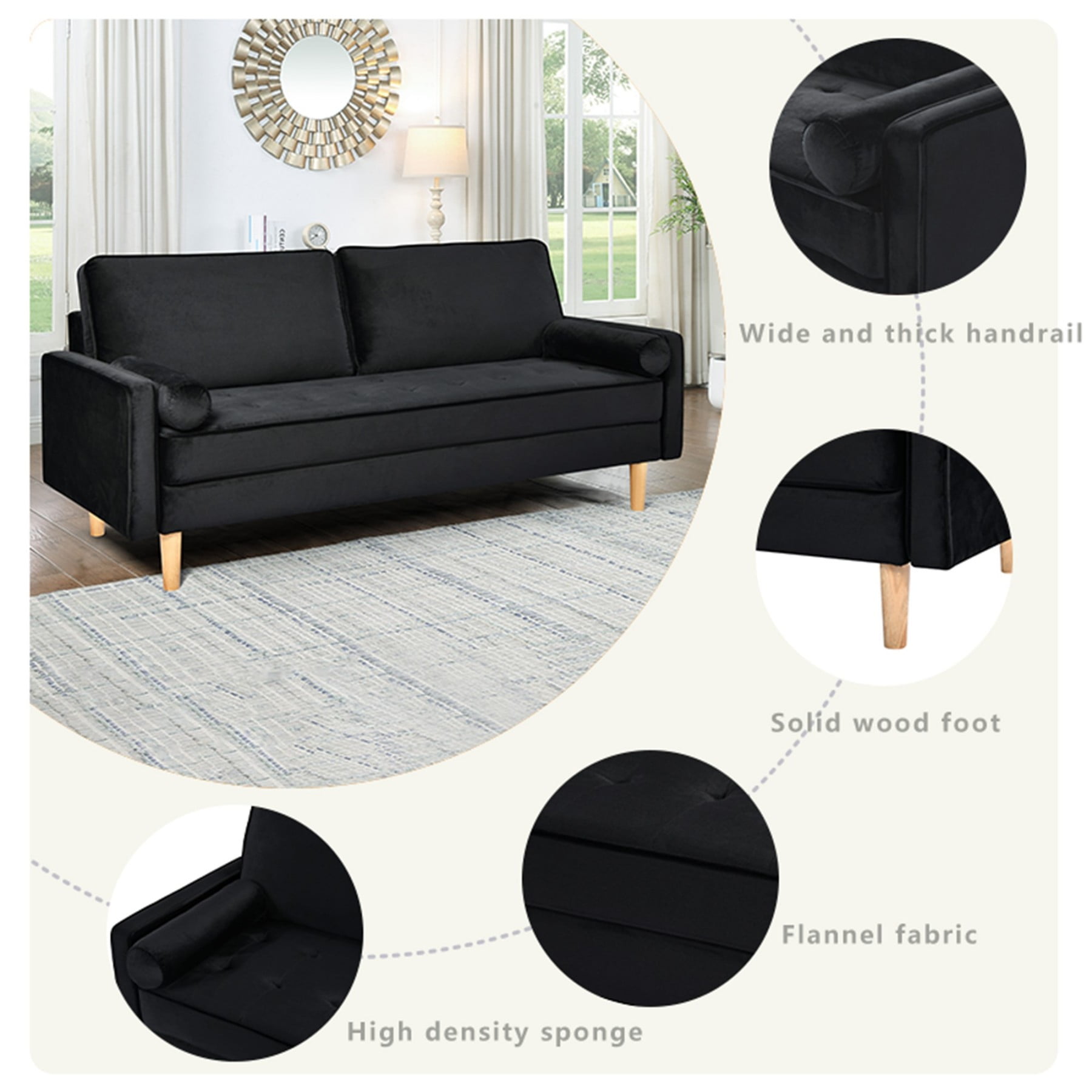 70" Modern Velvet Loveseat Sofa Couch,Mid-Century Tufted Upholstered Small Love Seat Couch with 2 Pillows for Compact Space,Living Room,Apartment,Black