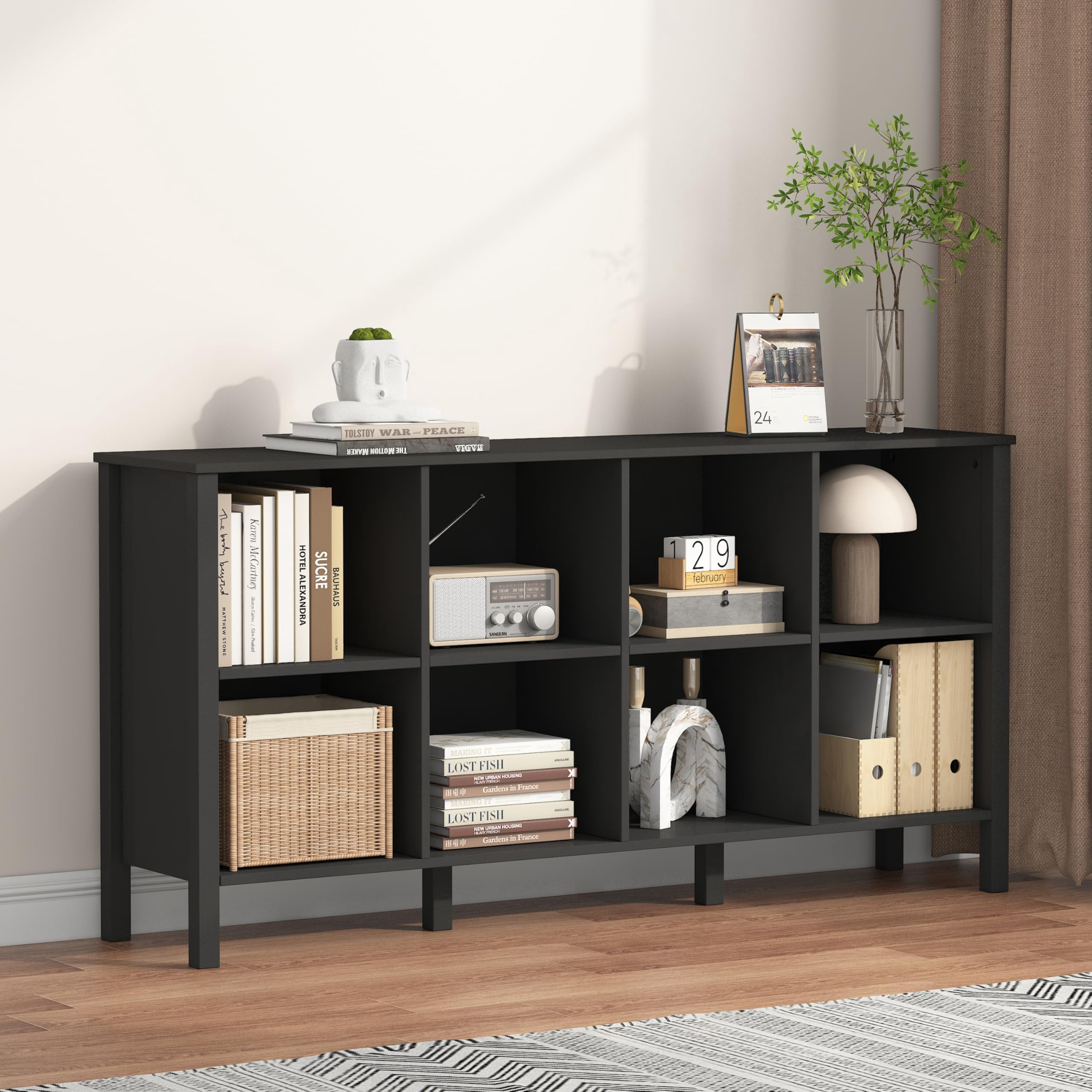 NEWADARA 8-Cube Bookcase, Farmhouse Wooden Bookshelf Low Storage Organizer, 59" Horizontal Black Console with Legs, Hallway Book Case for Entryway, Display Cabinet for Living Room (Black, 8-Cube)