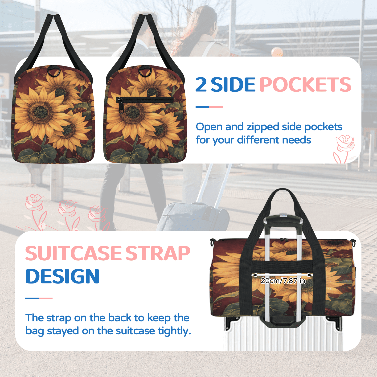 Herdesigns Sunflower Gym Bag for Women, Floral Duffle Bag for Travel Sport, Lightweight Waterproof Carry on Weekender Overnight Dance Yoga Workout Bags