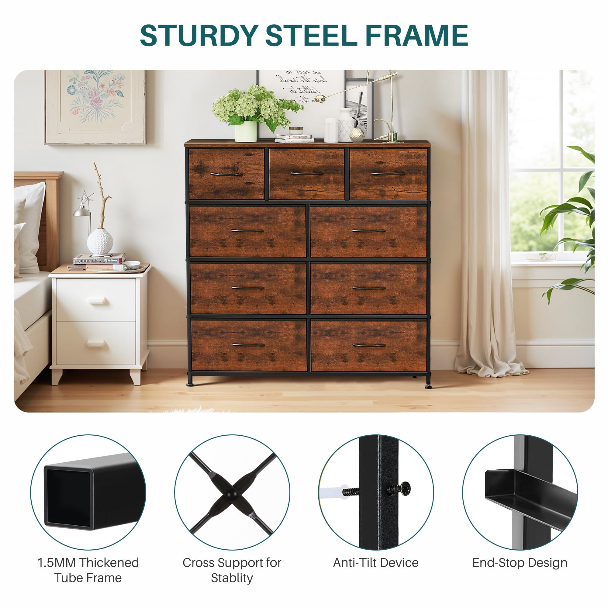 Nextay 9-Drawer Fabric Dresser for Bedroom, Storage Dresser Closet with Steel Frame & Wooden Top for Living Room, Dressing Room, Entryway, Brown