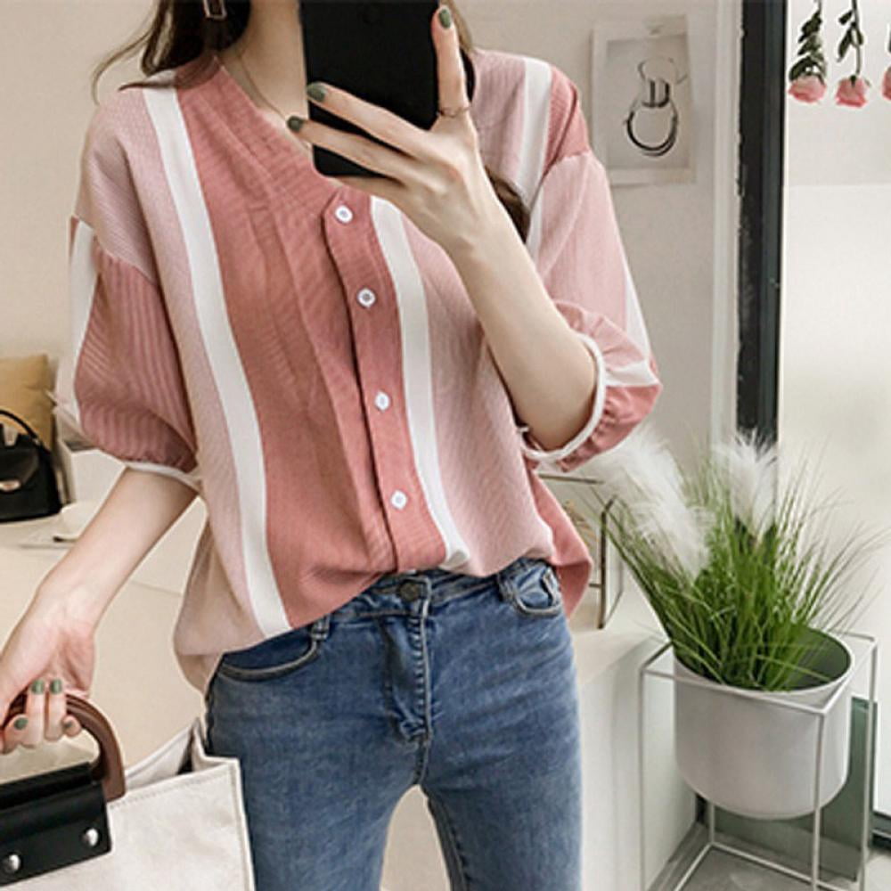 Women Summer Sweet Striped Print Puff 