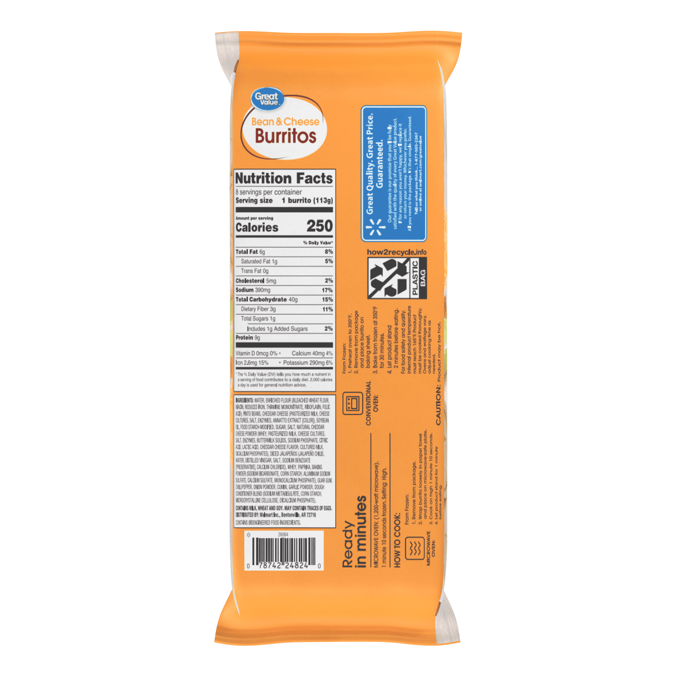 Great Value Bean & Cheese Burritos, 32 oz, 8 Count (Frozen)