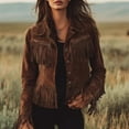 thumbnail image 3 of MORTTIC Women's Solid Color Faux Suede Fringe Jacket Long Sleeve Button Front Western Style Fall&Winter Coat Coffee，S, 3 of 8