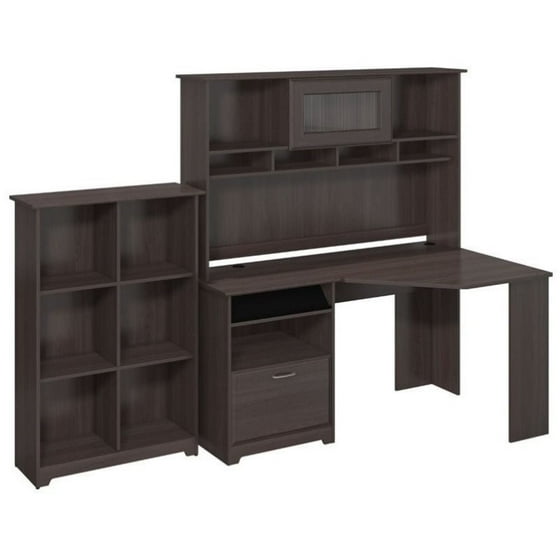 Pemberly Row Corner Desk With Hutch And 6 Shelf Bookcase In Heather Gray