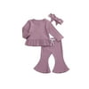 Girls Cloth Set Long Sleeve Button T-shirts Top +Pant+Headband Baby Autumn Winter Ribbed Knitted