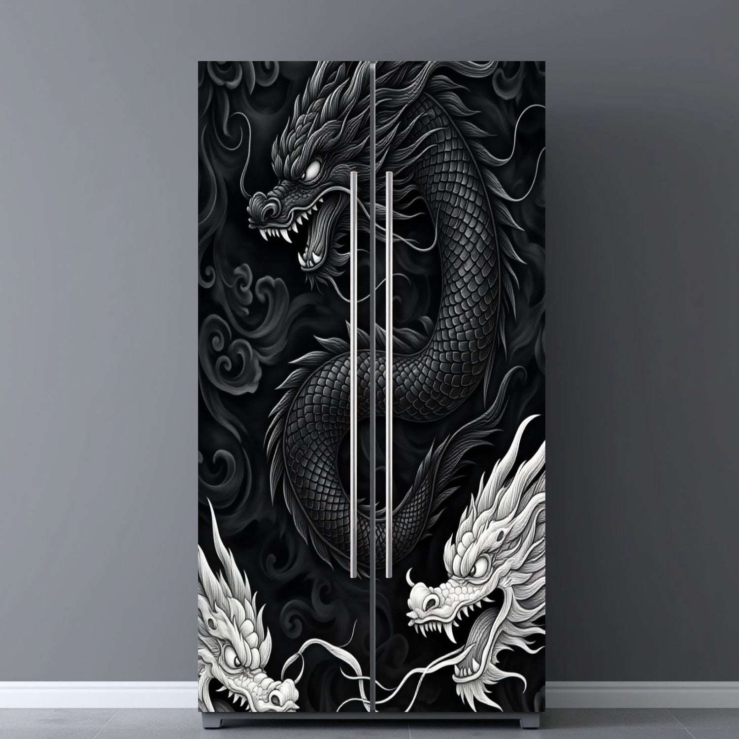 Self Adhesive Vinyl Refrigerator Wrap Set Intricate Black White Dragon Patterns Floral Details Door Mural Removable Fridge Sticker Peel and Stick&nbsp;Full Door Cover Decal Kitchen Bar Decor
