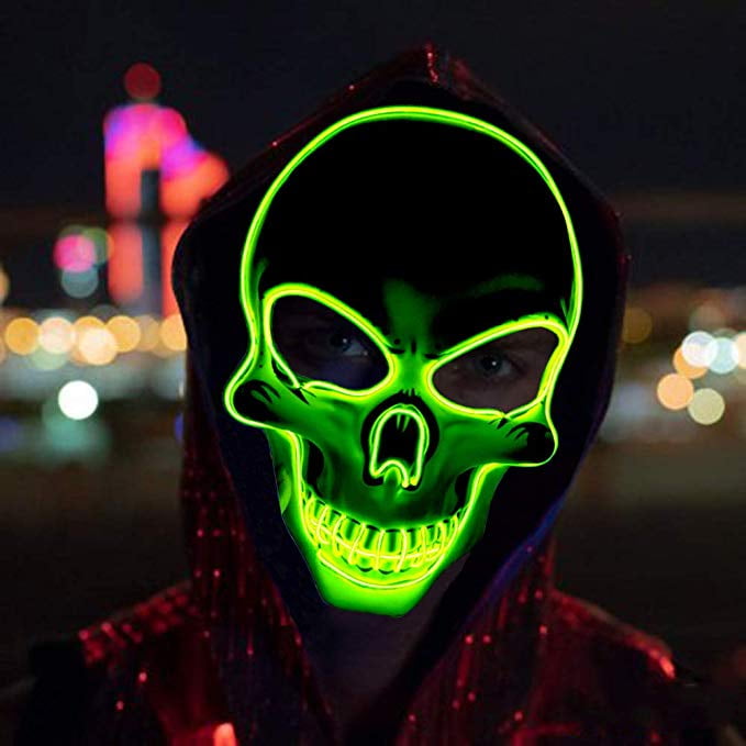 PETUOL Halloween LED Skull Mask Halloween Cosplay Light Up Mask Death Skull Safe EL Wire/4 Modes Glowing Creepy Mask Festival Parties Frightening Customs White 