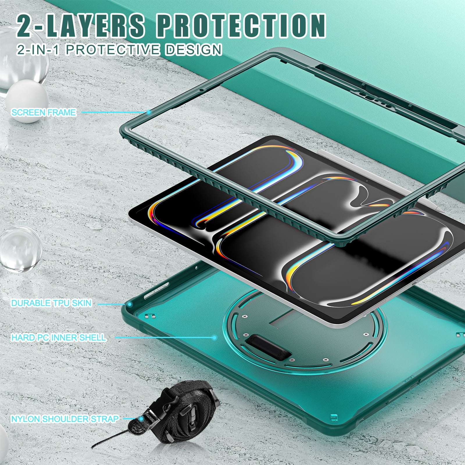 Dteck Case for iPad Pro 13 inch M4 2024,Military Grade Shockproof Silicone Cover 360° Rotatable Stand- Shoulder Strap- Handle- Pencil Holder,Darkgreen