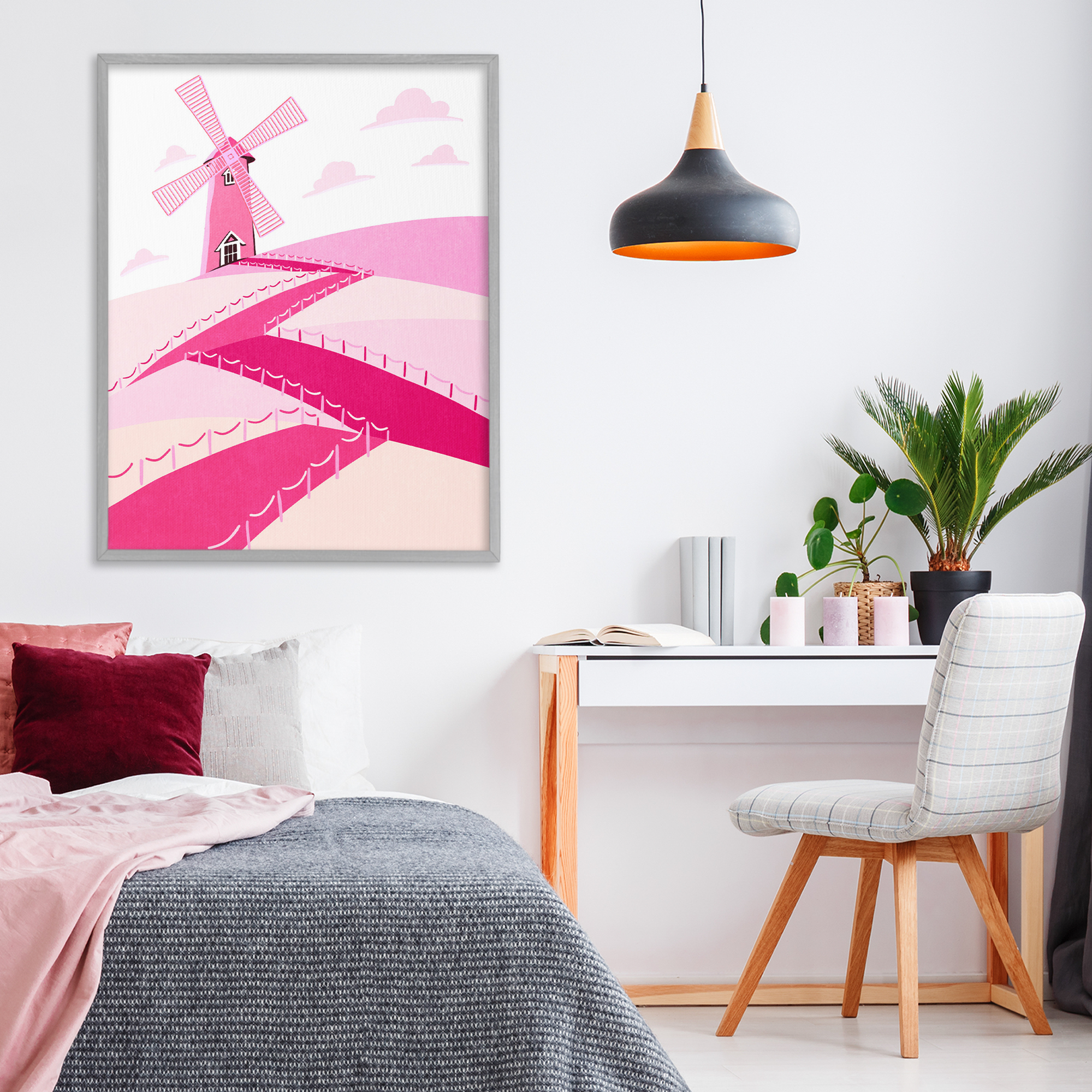 Pink Hills and Windmill Gray Framed Giclee Art, design by Ziwei Li