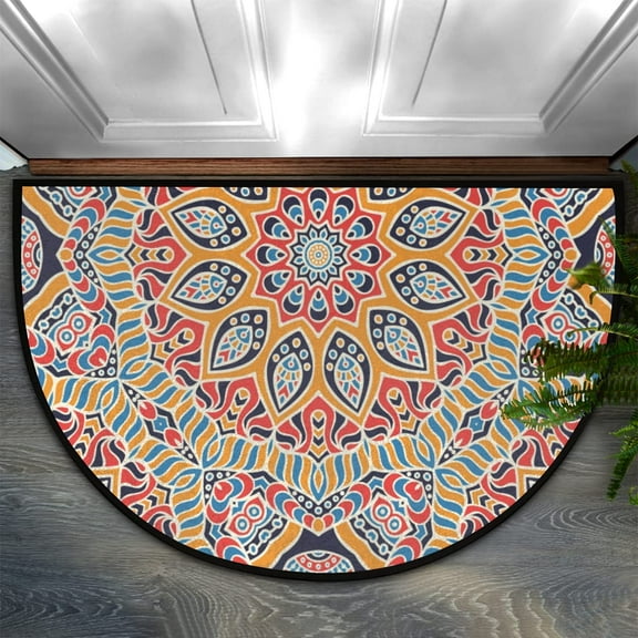 Retro Bohemian Floral Moroccan Flower Half Round Door Mat Half Circle Area Rug Doormat Home Decor Rug Front Welcome Entrance Way Mat for Indoor Outdoor Kitchen 16×24in.