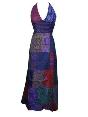 Mogul Women Blue Patchwork Long Dress Printed Deep V Neck Cotton Sexy Halter Sundress SM