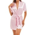 thumbnail image 1 of MSemis Women Silk Bathrobe Short Kimono Robes Lace Patchwork Back with Belt, 1 of 6