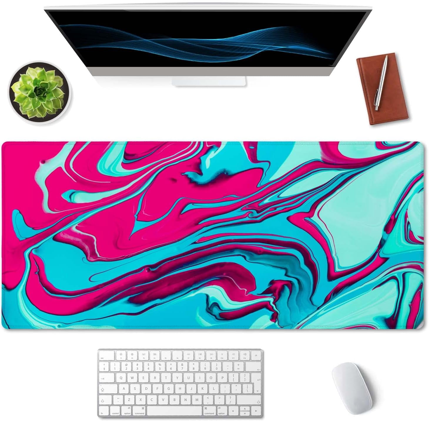 Desk Mat,Large Mouse Pad 35.5''''×15.7'''' XXL Extended Gaming Mouse Pad Mat with Non-Slip Base Stitched Edge Mousepad for Computer,Office,Keyboard and Laptop - Red Blue Marble