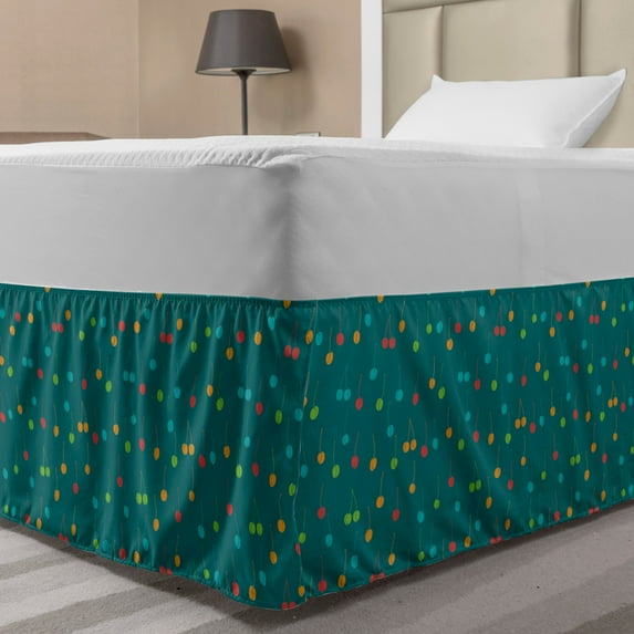 Fruit Bed Skirt, Colorful Abstract Cherries Summer Themed Continuous Pattern Art Print, Elastic Bedskirt Dust Ruffle Wrap Around for Bedding Decor, 4 Sizes, Dark Teal and Multicolor, by Ambesonne