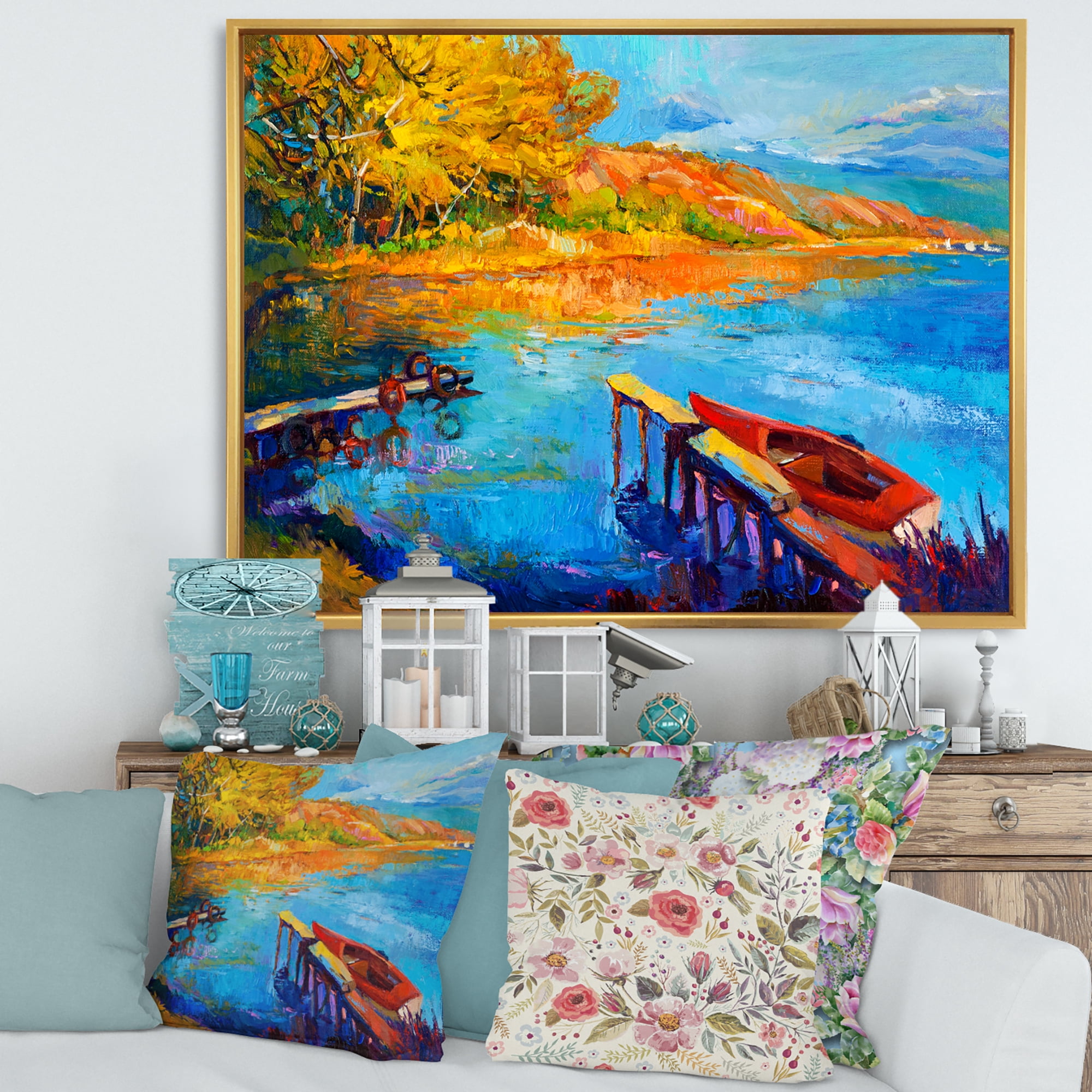 Designart 'The Lake At Sunset Evening Glow II' Lake House Framed Canvas Wall Art Print