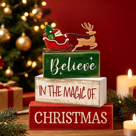 4 Pcs Christmas Table Decoration Wooden Farmhouse Christmas Tiered Tray Decor Santa Claus Elk BlockSign Gift Farmhouse Xmas Centerpiece forHome Kitchen Shelf
