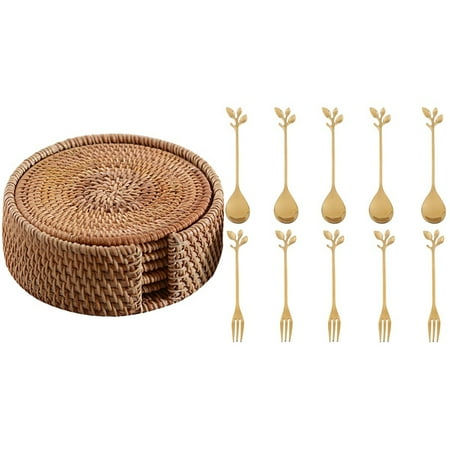 

1 Set Leaf Coffee Cake Spoon Fork Dessert Spoons & 1 Set Drink Coasters Set