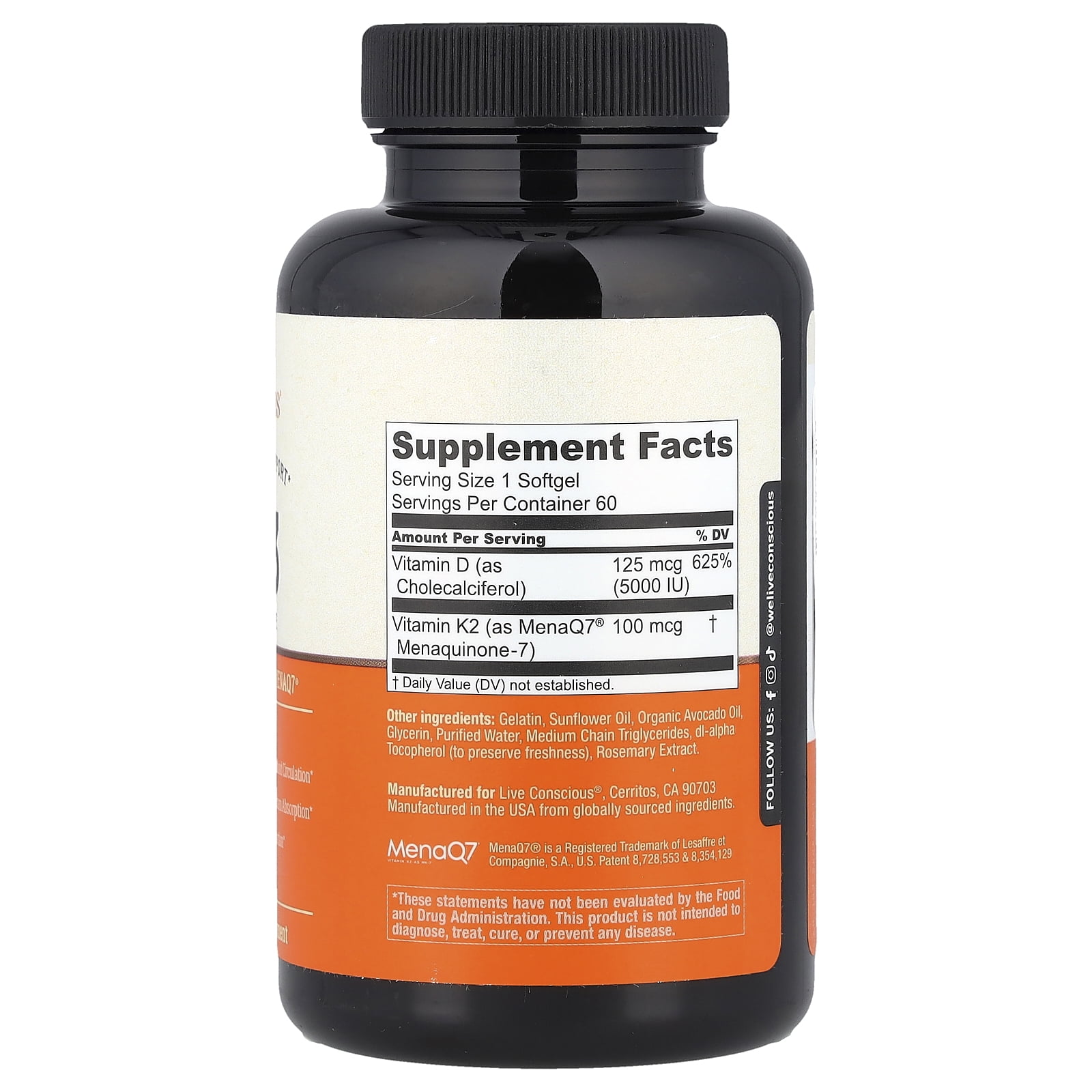 Live Conscious K2+D3, 60 Softgels