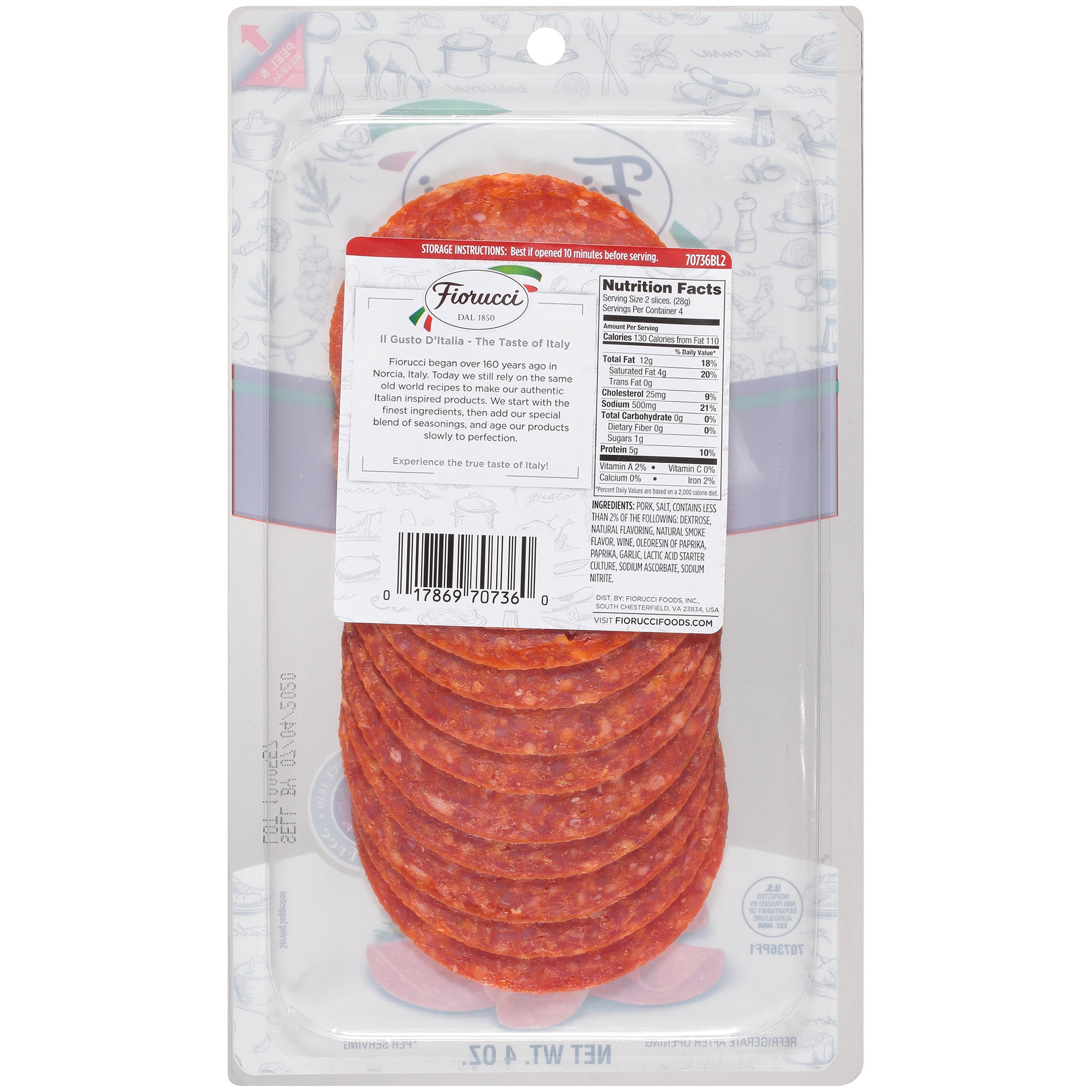 Fiorucci Pre-Sliced Pepperoni, 4 Ounces, 8 Slices per Pack