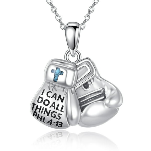 Boxing Gloves Necklace 925 Sterling Silver Turquoise Faith Pendant Inspirational Punk Jewelry for Men Women Birthday Christmas Valentine’s Day