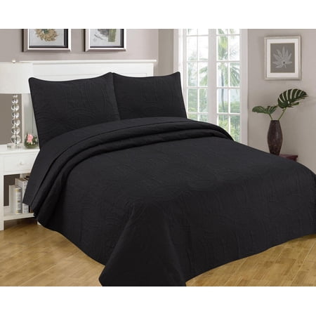 Legacy Decor 3 PCS Bedspread Quilt Coverlet Reversible Pinsonic Floral Finish All Season Oversized King / Cal-King Black Color