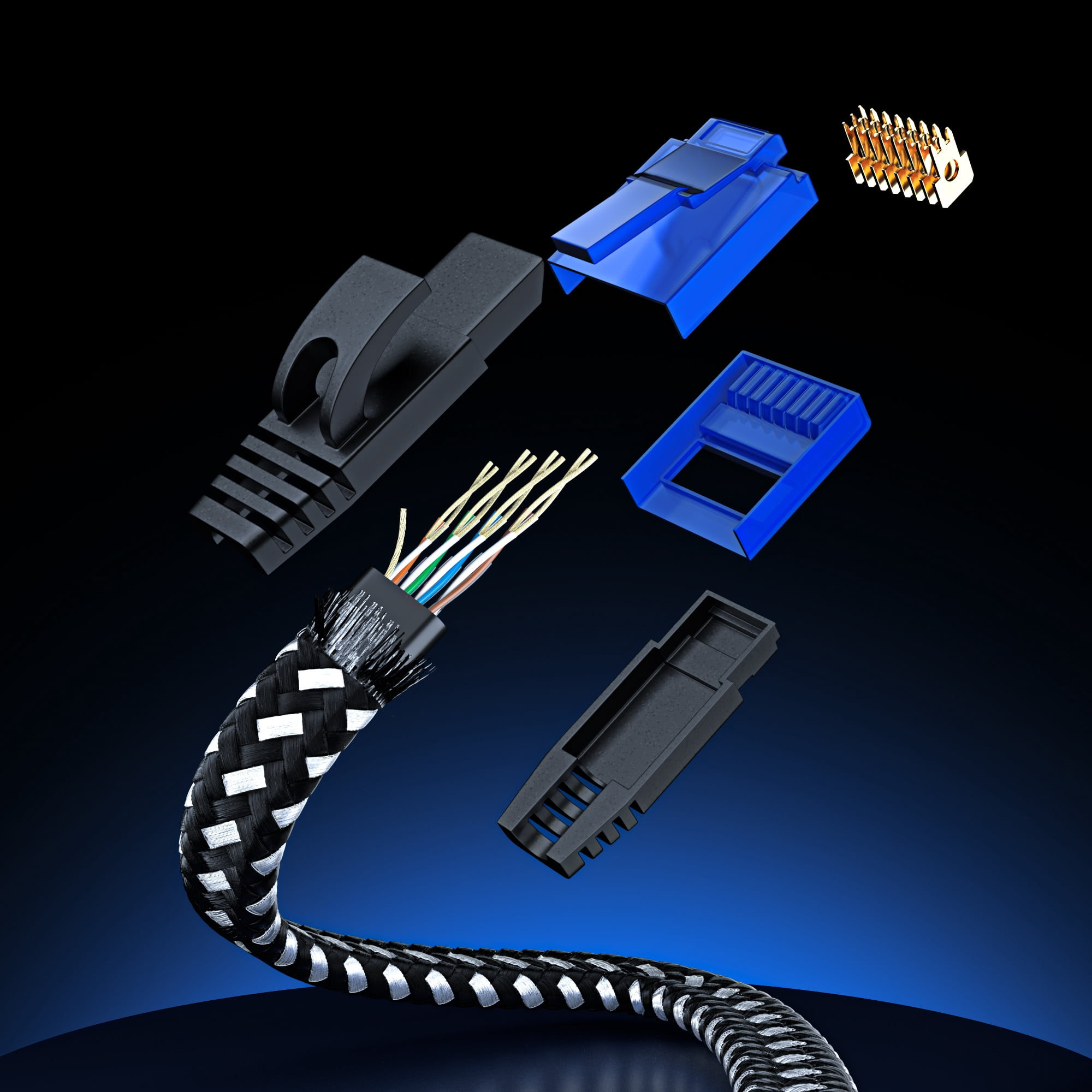 Cat 6 Ethernet Cable, 25 ft, 2 Pack Easy-Hide Flat Super-Durable Black and White Braided Network LAN Internet Cable/Cord