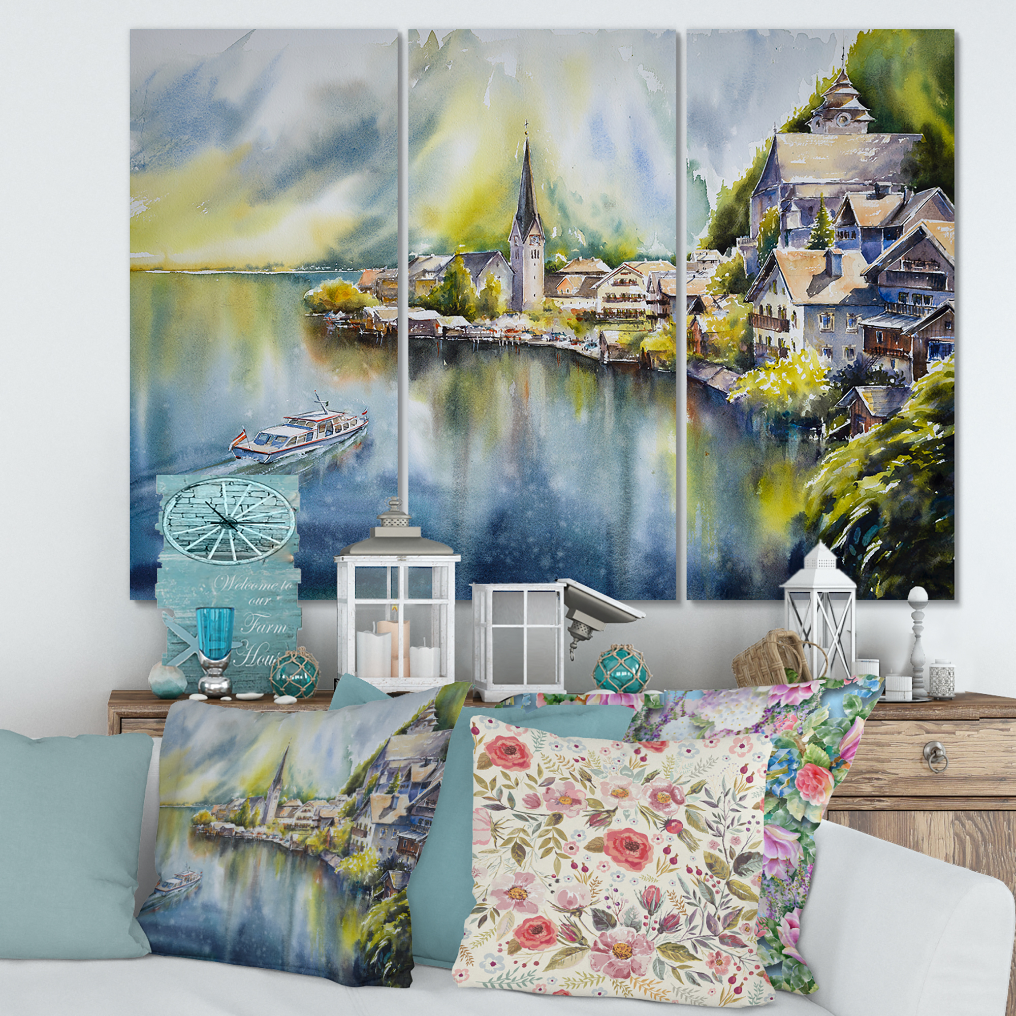 Designart ' The River In Austria Through Mountain Village ' Nautical & Coastal Canvas Wall Art Print