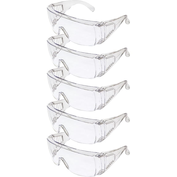 Global Vision Five Pairs Global Vision High Impact Safety Glasses, Goggles  Fits Over The Glasses  Clear Frame & Lens, Max UV Protection  Side Shields, Anti-Glare Brow Guard