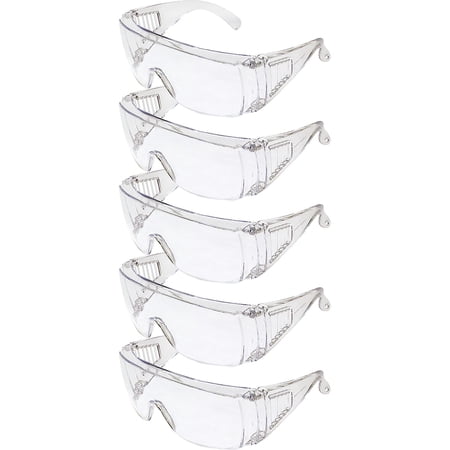 Global Vision Five Pairs Global Vision High Impact Safety Glasses, Goggles Fits Over The Glasses Clear Frame & Lens, Max UV Protection Side Shields, Anti-Glare Brow Guard
