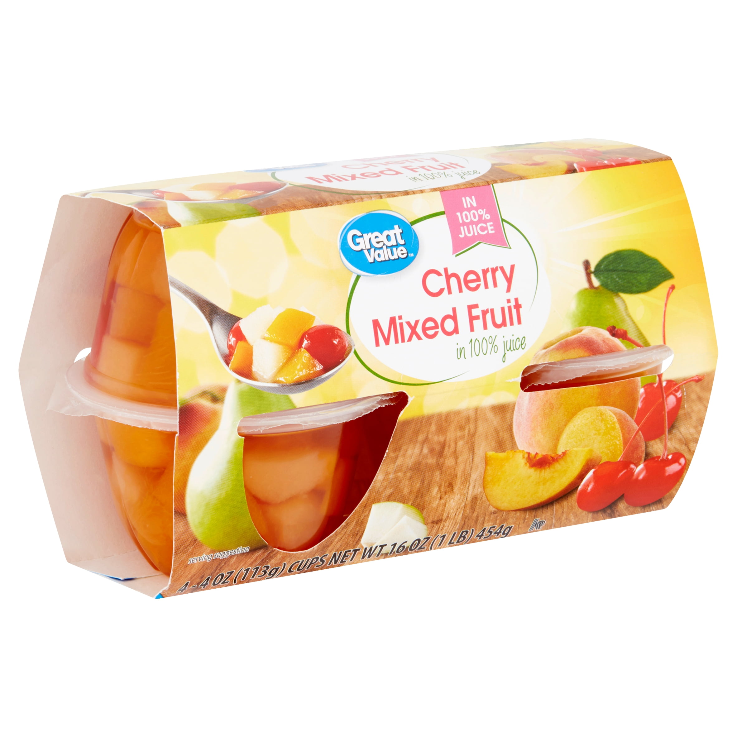 Great Value Cherry Mixed Fruit in 100 Juice, 4 Oz, 4 Count