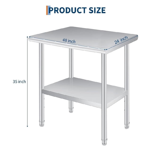 Eastvita Stainless Steel 24 x 48 in Prep Table - Rounded Corners Ultra - Thick Commercial Grade Adjustable Undershelf 660 Lbs Countertop Load for Commercial Outdoor Use