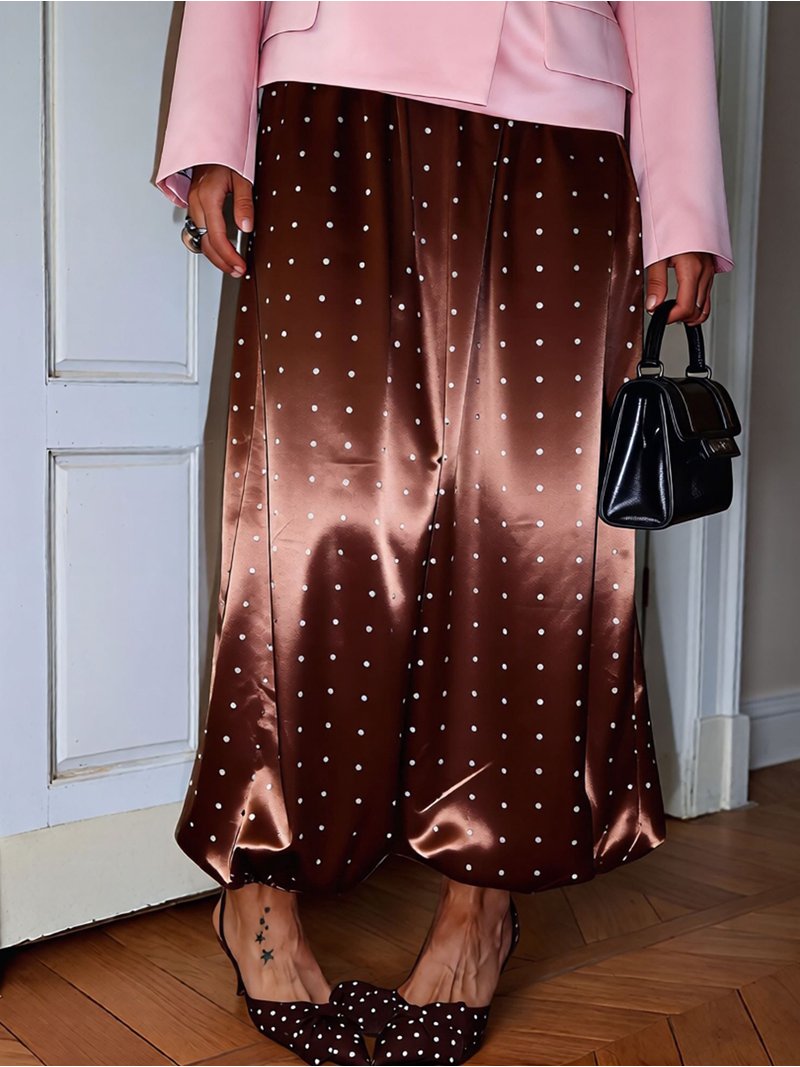 Women's Polka Dot Elastic Waist Cuffed Lantern Casual Pants Brown S ...