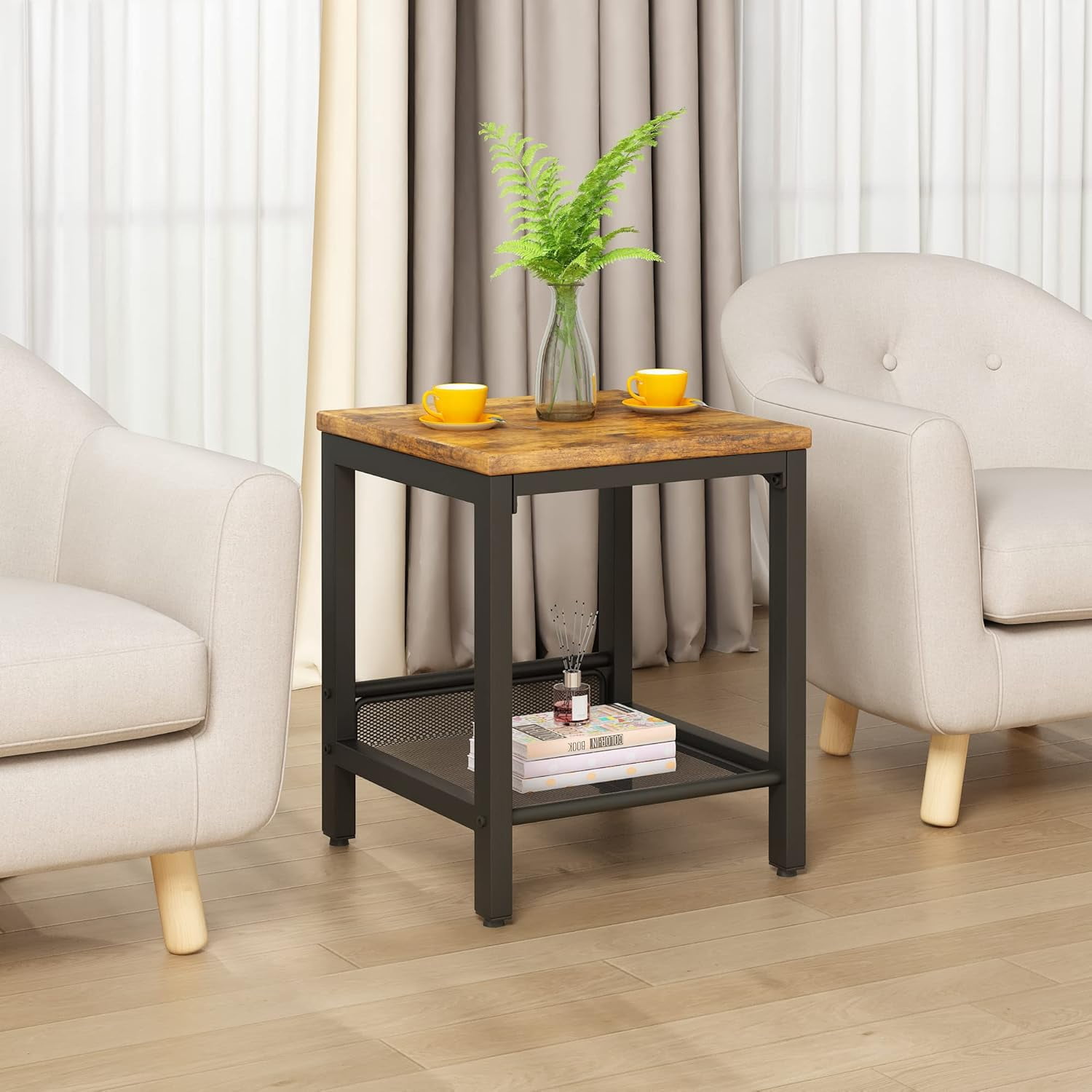 MOOSENG Coffee Table Set of 3, Industrial Vintage Wood Coffee Table with 2 Square End Side Tables, Easy Assembly Living Room Table Set for Offices, Living Rooms and Apartments, Brown