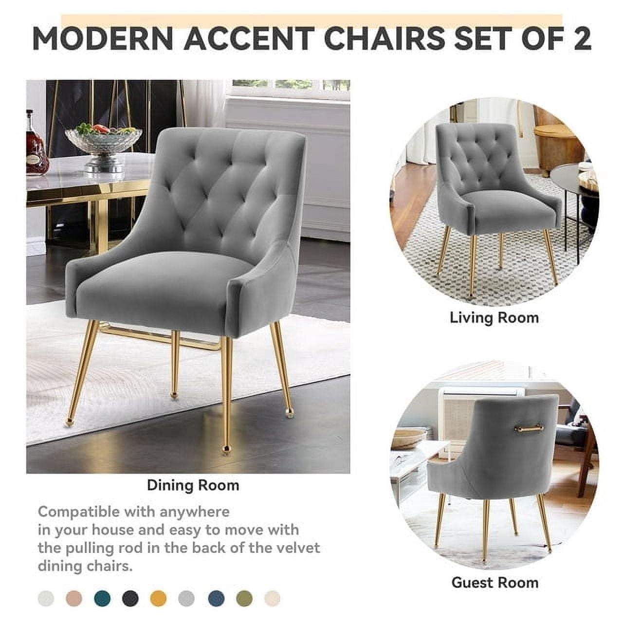 SEYNAR Modern Velvet Dining Chairs Set of 2, Tufted Back Accent Chair for Living Room,Grey