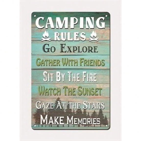 HELLOYOUNG Camping Rules Vintage Retro Metal Sign, Rustic Tin Plaque Wall Art for Hunting Camper Home Garage Bar Deco 8"x12"