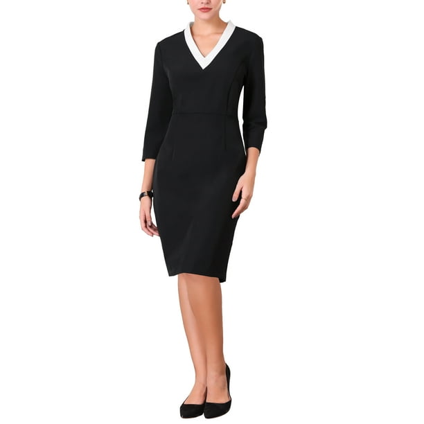 Vestido lápiz de manga 3/4 para mujer INSPIRE CHIC, elegante, con contraste de color y escote en V, vestido de trabajo ajustado, color negro