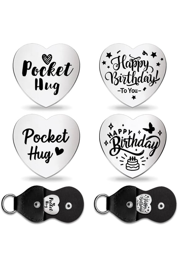 2Set Happy Birthday Love Heart Pocket Hug Token Long Distance Gifts Double Sided Engraved Hug Token Coins Keepsake with PU Leather Keychain for Family Friend Lover Graduation 1bag