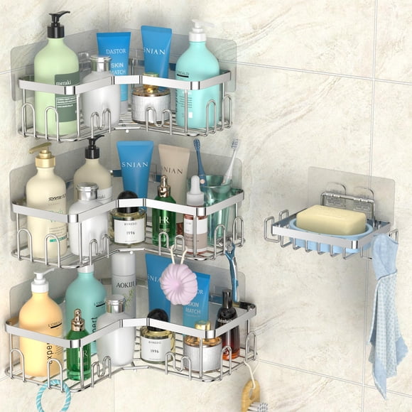stusgo 4 Pack Corner Shower Caddy with Soap Holder, Adhesive Shower Shelves No Drilling, Rustproof Stainless Steel Bathroom Shower Organizer with Hoo