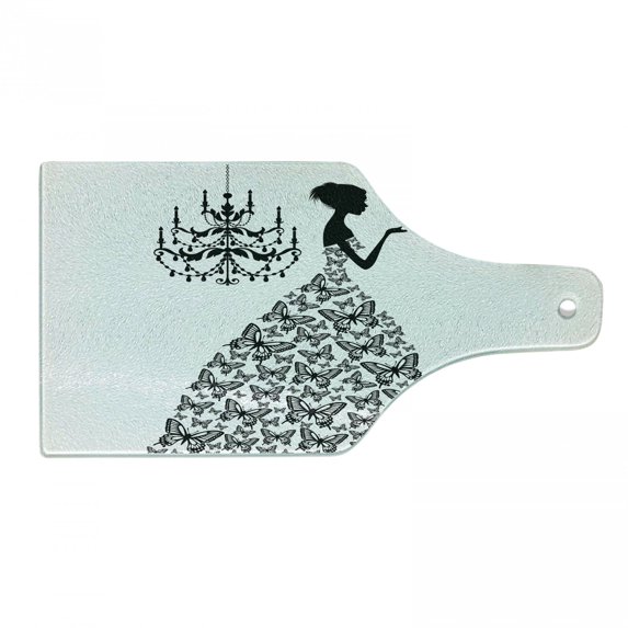 Vintage Cutting Board, Love Country Wedding Themed Romantic Butterflies Cartoon Retro Parisienne, Tempered Glass Cutting and Serving Board, Wine Bottle Shape, Charcoal Grey White, by Ambesonne