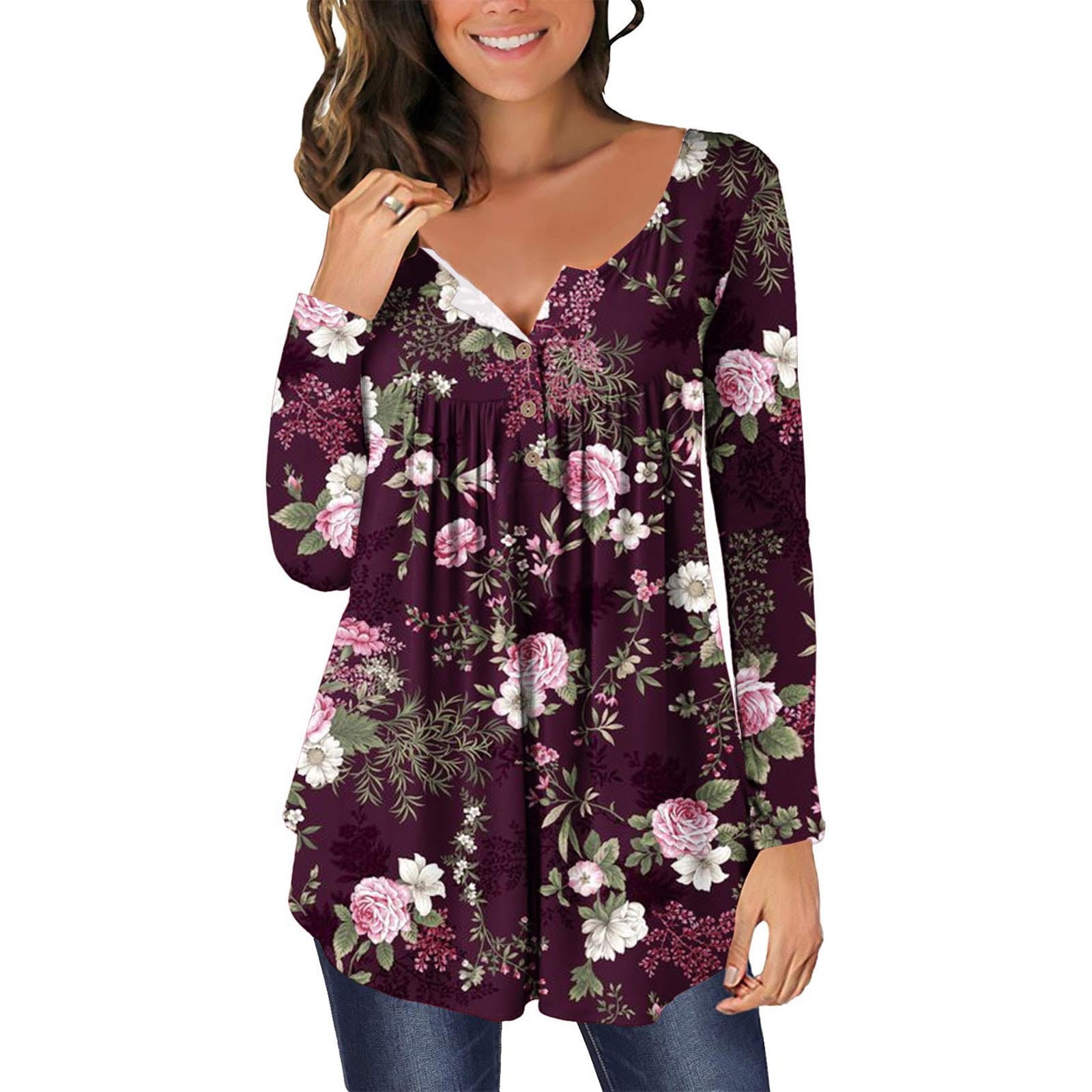 Tunic Tops to Wear with Leggings Dressy Plus Size Tops for Women Comfy  Flowy Pleated Long Shirt Henley Floral Printing Long Sleeve Shirts Black M