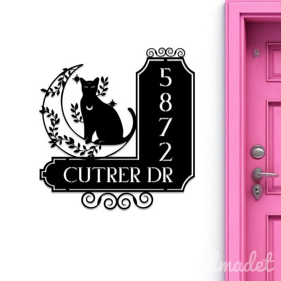 Handmadetneonsign Cat Moon Number Address Metal Wall Art LED Light - Personalized Sign Home Decor 44458