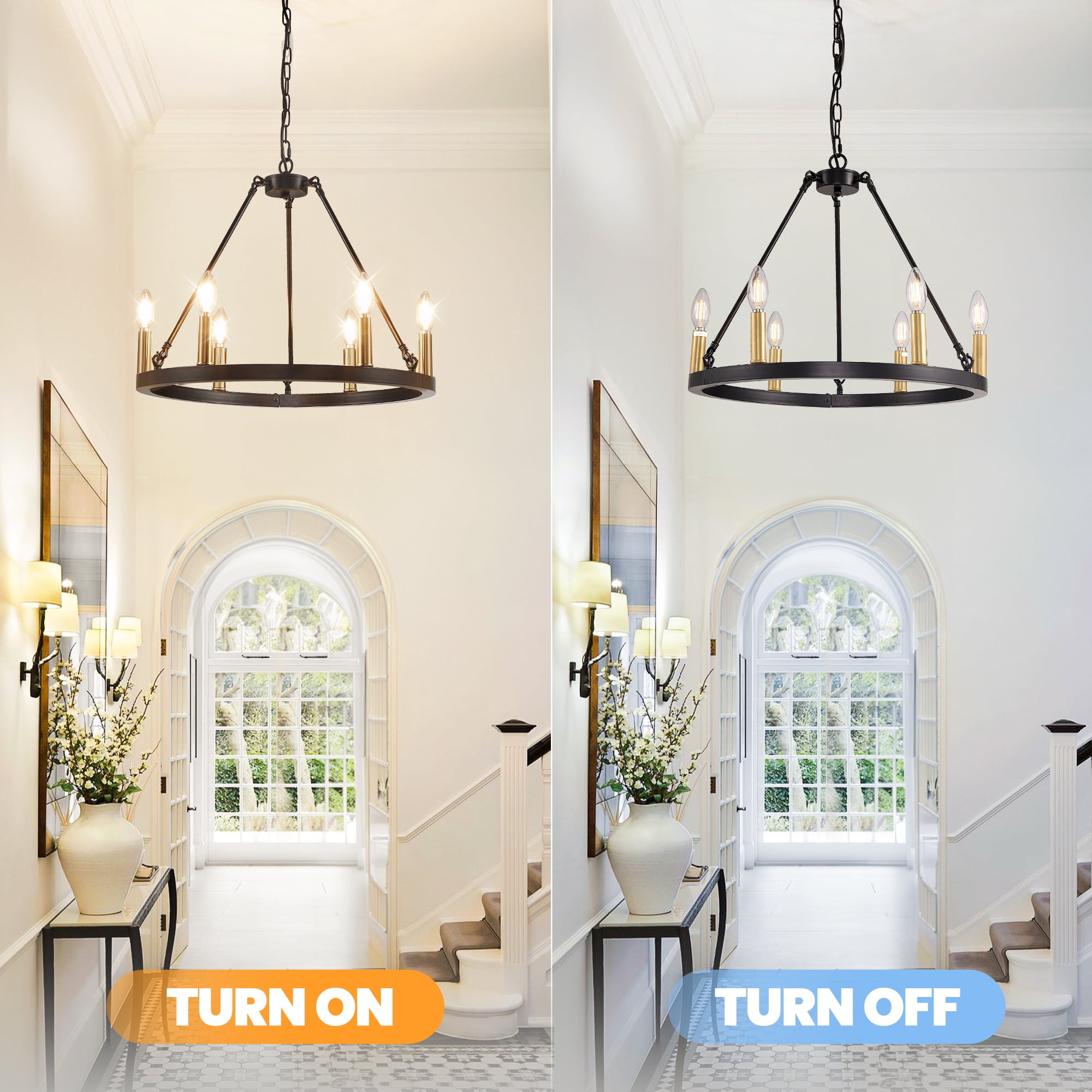 LovingAHome 6-Lights Gold Industrial Wagon Wheel Chandelier Light Fixture for Foyer Dining Room Kitchen Living Room Entryway