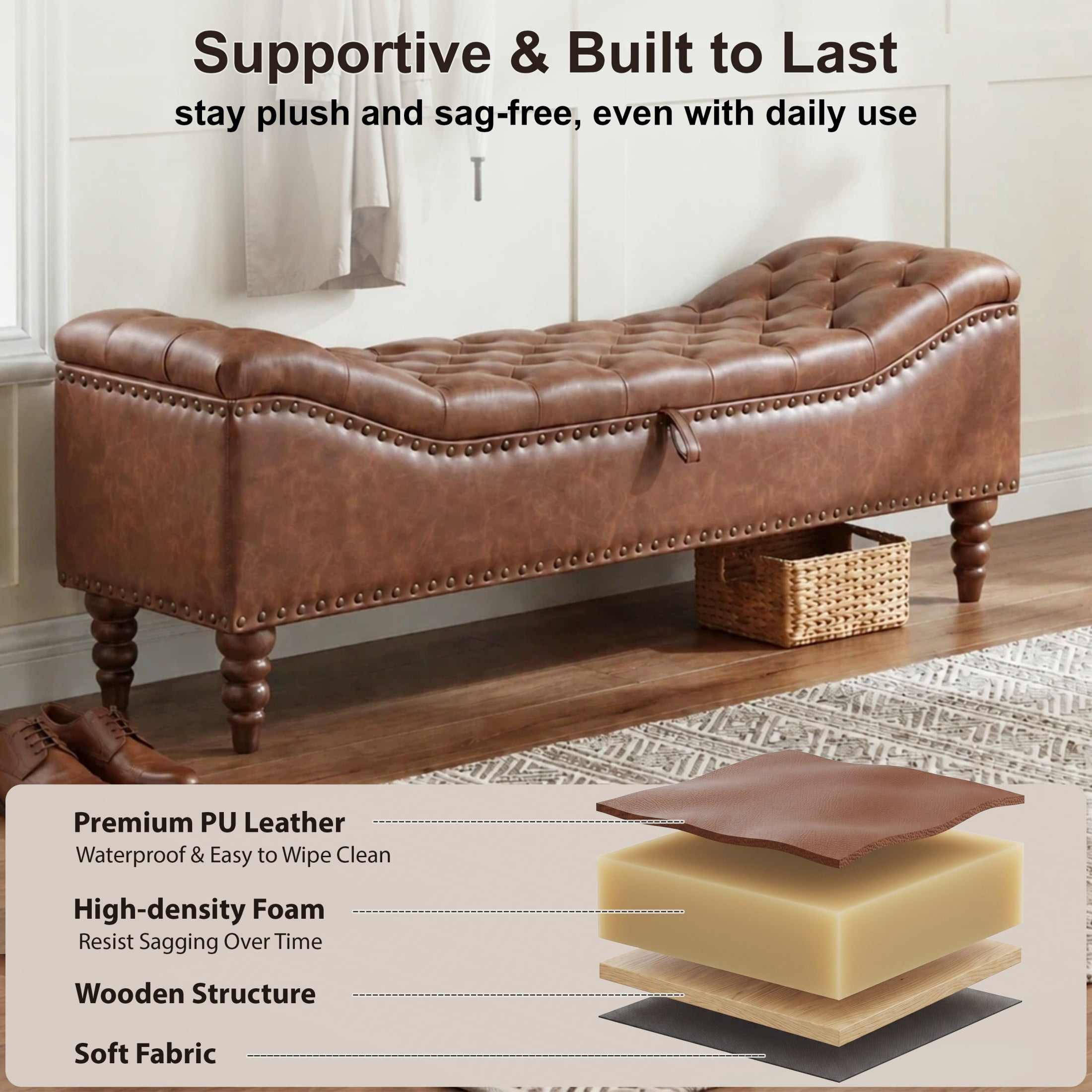 Christopher Knight Home PU Leather Storage Bench, Button-Tufted Ottoman with Nailhead Trim, Brown
