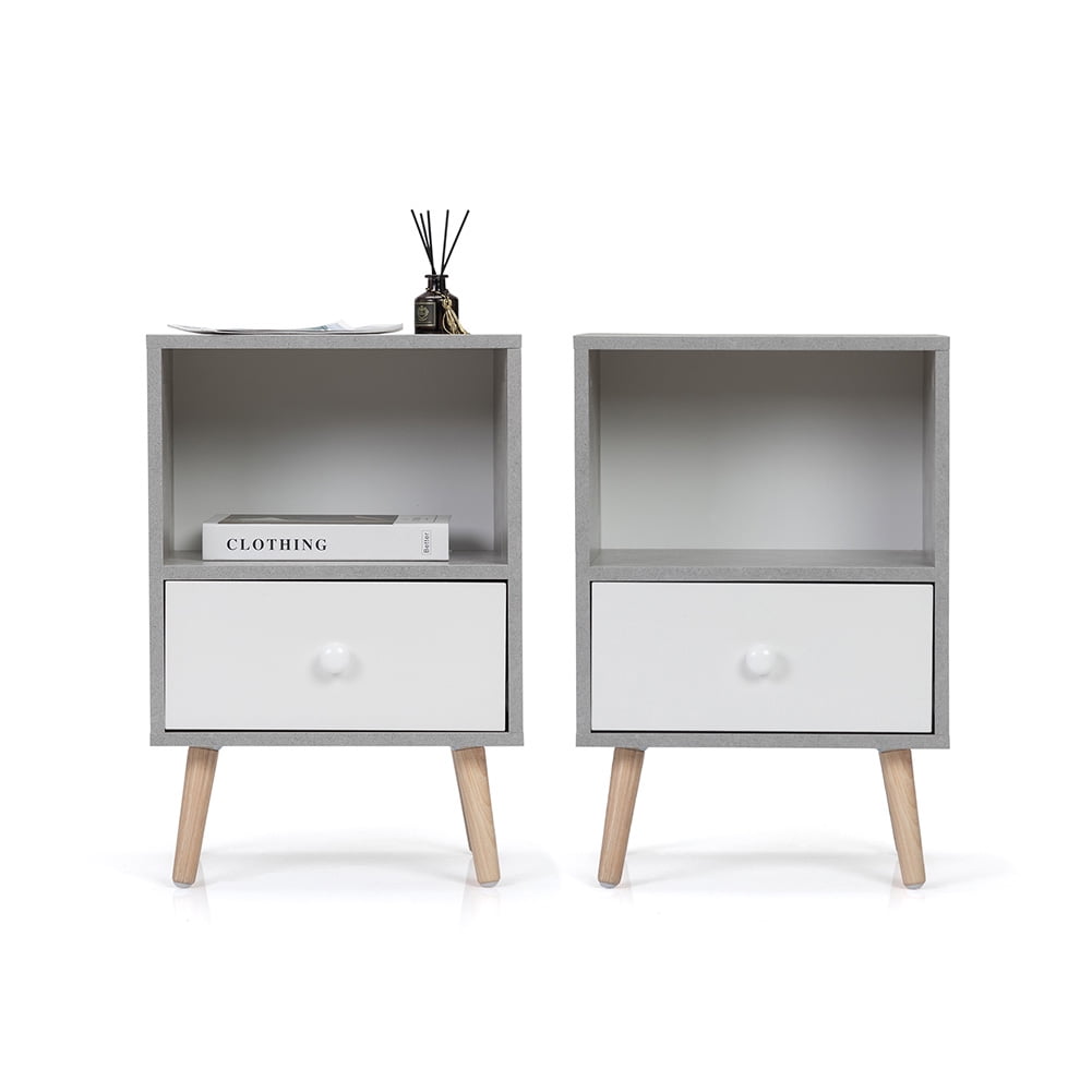 Kepooman Set of 2 Nightstands, End Table with Wood Storage Drawer and Open Wood Shelf, Bedside Furniture, Side Table for Bedroom, Dorm, Easy Assembly, Gray + White Kepooman Set of 2 Nightstands, End Table with Wood Storage Drawer and Open Wood Shelf, Bedside Furniture, Side Table for Bedroom, Dorm, Easy Assembly, Gray + White
