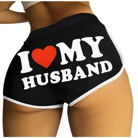 Lovskoo I Love My Husband Booty Shorts for Women Letter Printed Yoga Sport Workout Hot Pants Elastic Waist Athletic Lounge Shorts Black