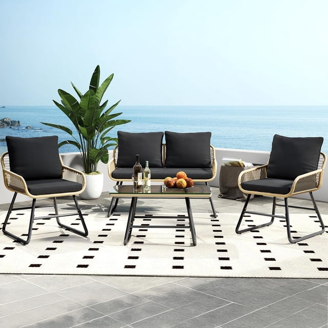 4-Piece Outdoor Rattan Patio Bistro Sofa Furniture Set, Straight Leg Design with Washable Seat Cushions & Tempered Glass Top Table, All-Weather Conversation Set for Garden, Balcony, Porch & Poolside