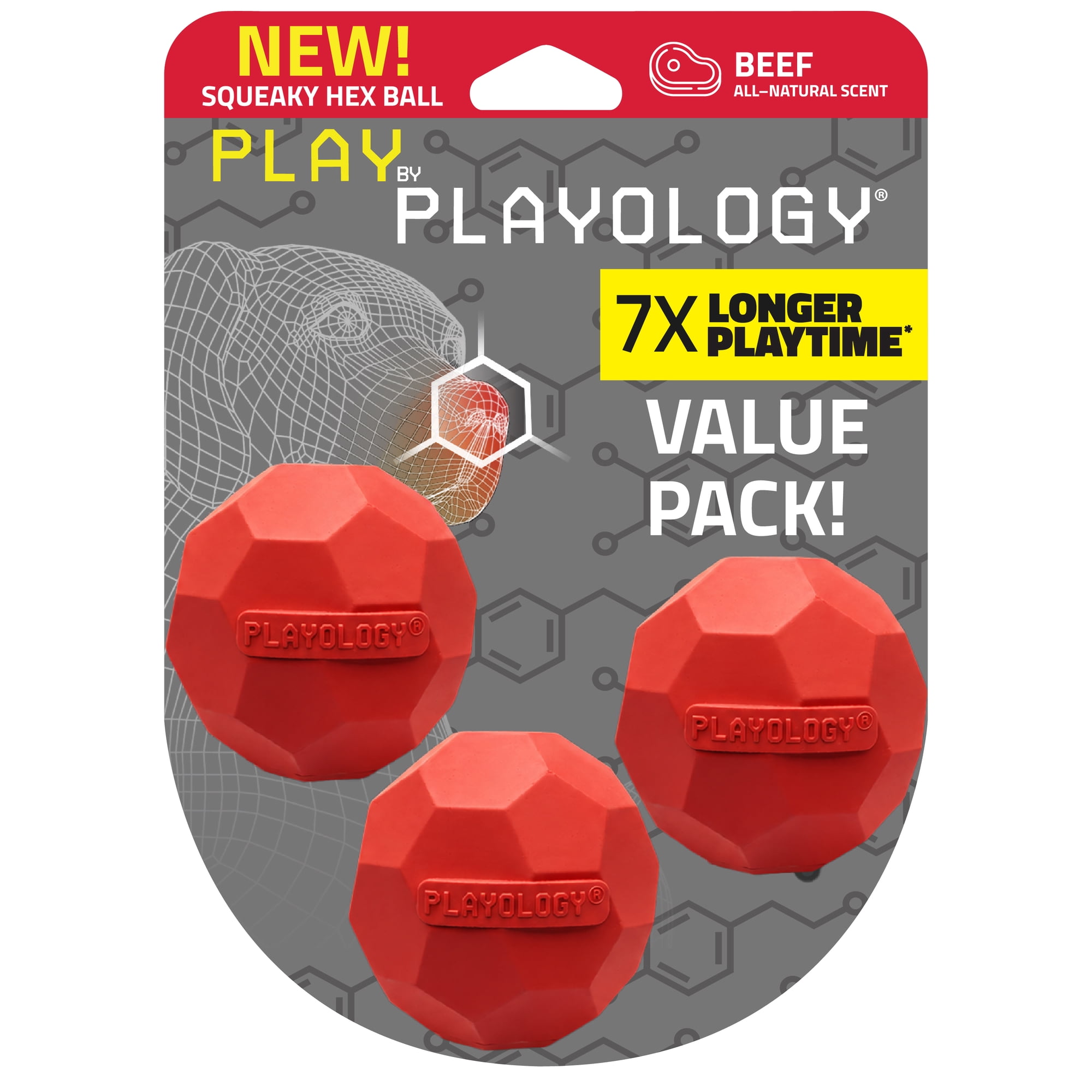 Play by Playology | Squeaky Texture Ball Small Beef 3 Pack | Beef Scented Rubber Dog Toy