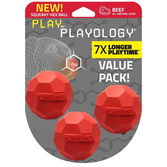 Play by Playology | Squeaky Texture Ball Small Beef 3 Pack | Beef Scented Rubber Dog Toy