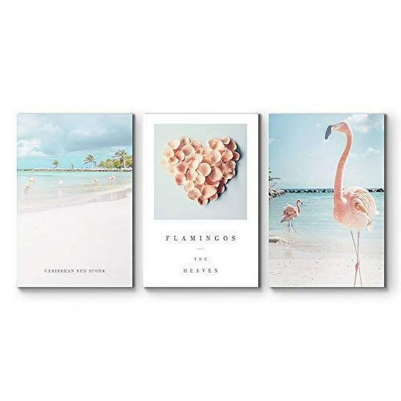wall26 - 3 Panel Canvas Wall Art - Flamingo Triptych Series | Caribbean Red Stork on Beach in Heaven - Giclee Print Gallery Wrap Modern Home Art Ready to Hang - 16"x24" x 3 Panels